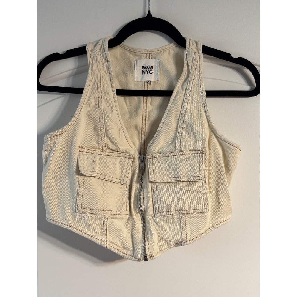 Madden NYC Denim Corset Vest  XXS Cream Cargo Zip Front Cropped Streetwear Edgy